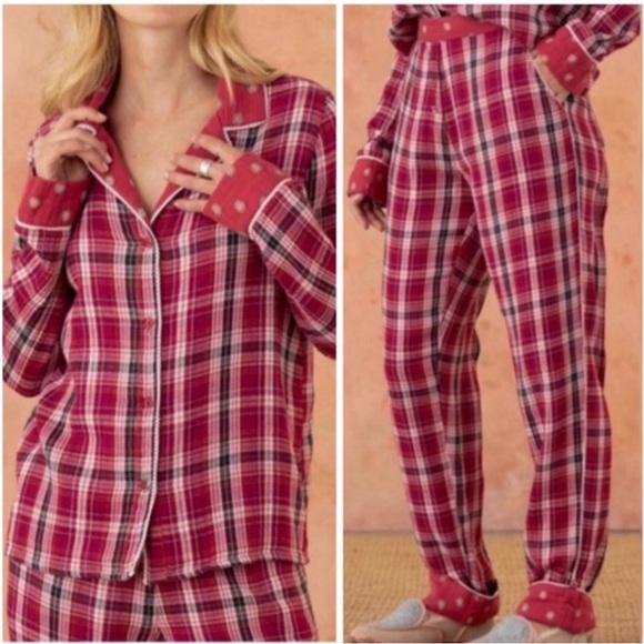 Sundance Other - NEW Sundance Truly Tartan Red Plaid Pajama Button Top With Bottom Cuff Set Small